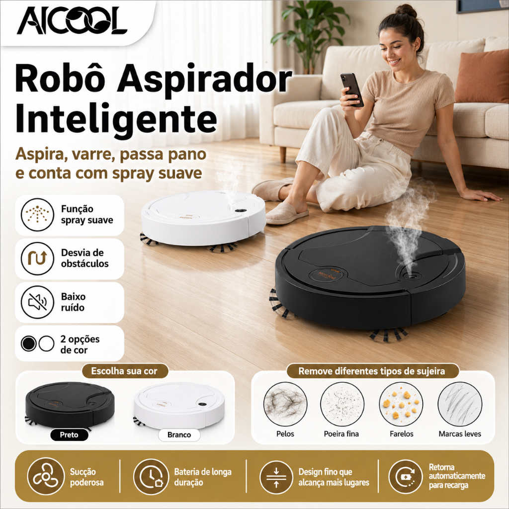 Aspirador robô inteligente totalmente automático AICOOL, varre e passa pano, tudo em um.