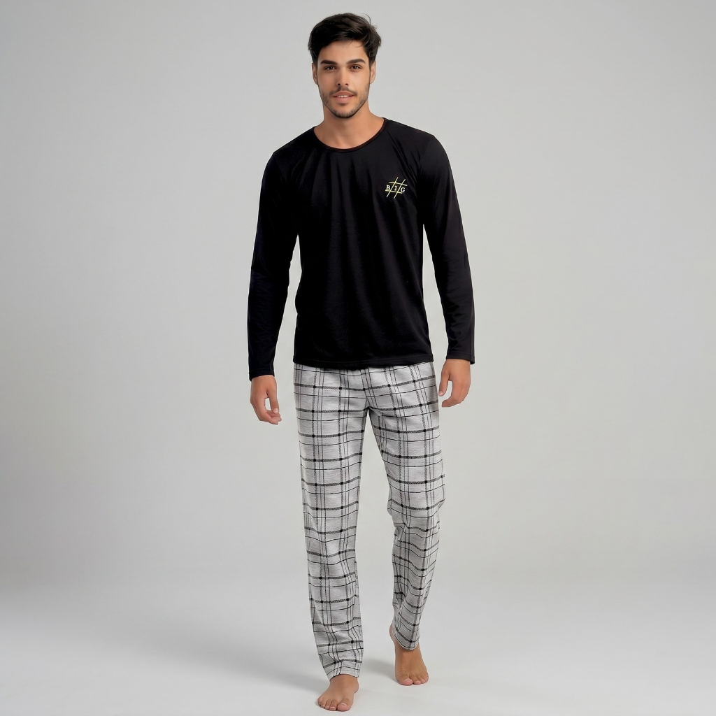 Pijama de Homem Inverno Manga Longa Calça Comprida Xadrez Pijama Adulto Masculino Premium