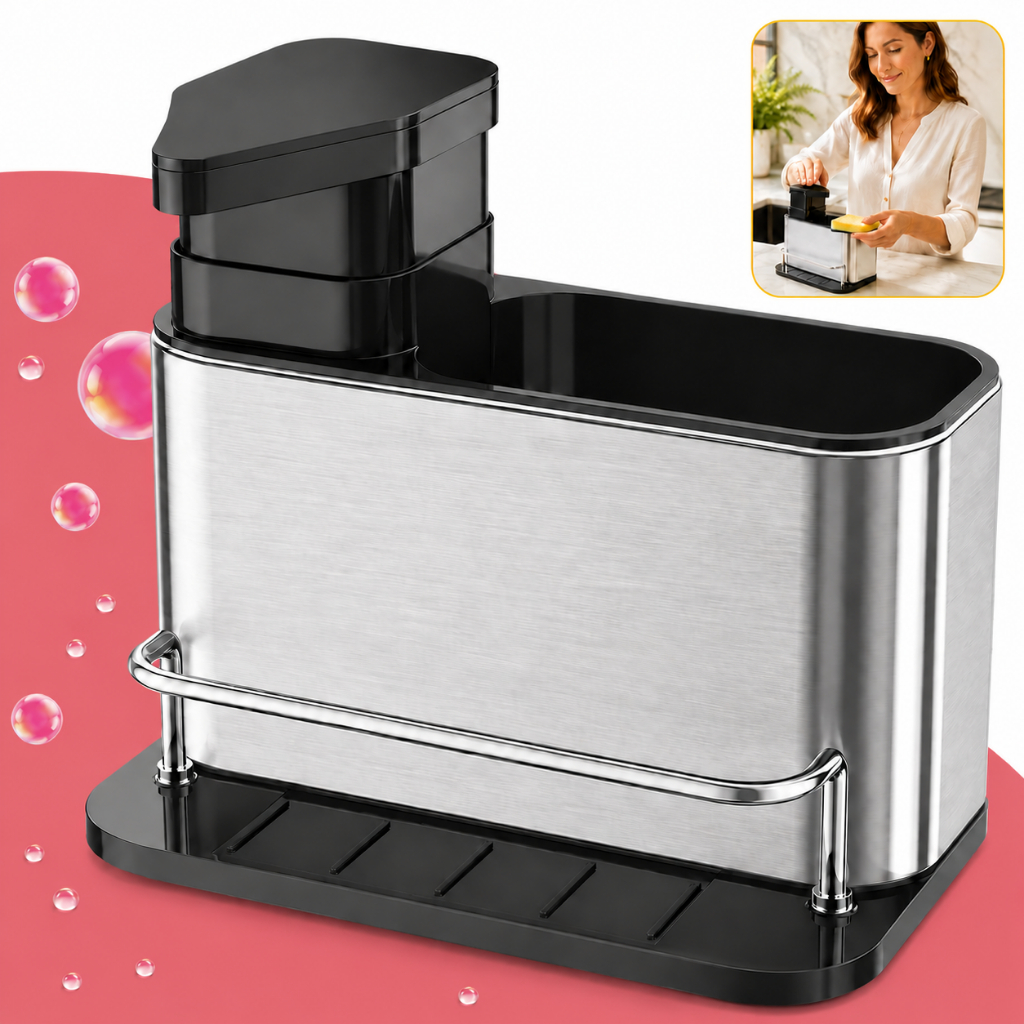 Organizador Luxo Dispenser Detergente Pia Cozinha Porta Esponja Aço Inox 350ml Shokki