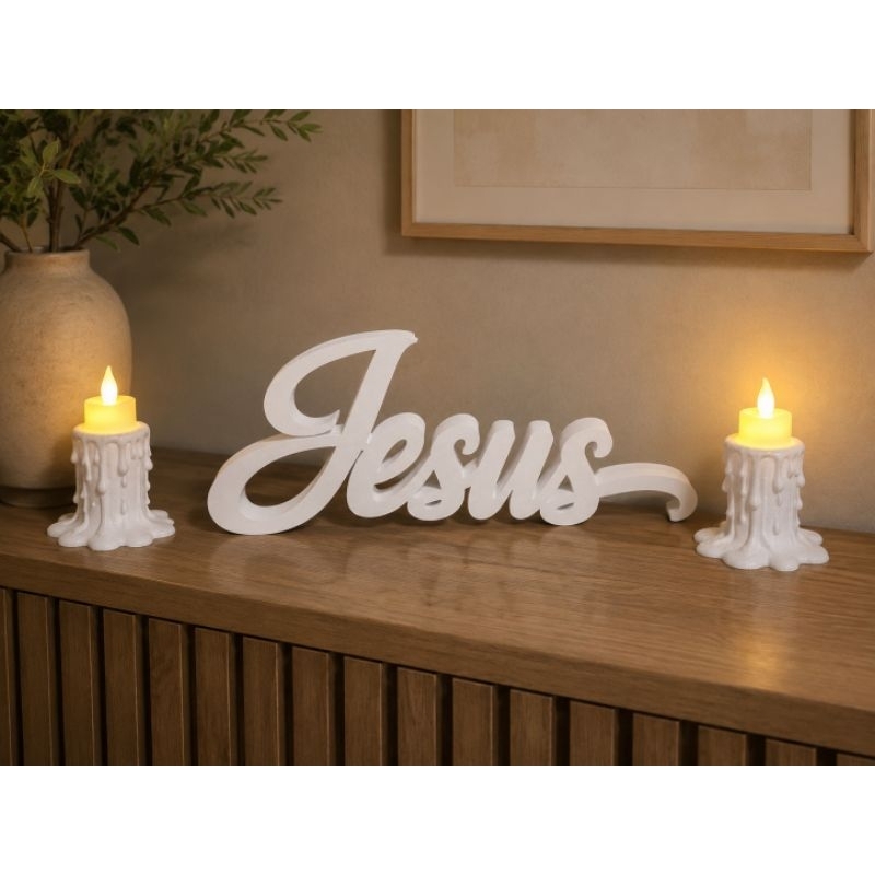 Kit Decoração Cristã Jesus + Par de Velas LED em Impressão 3D - Exclusivo
