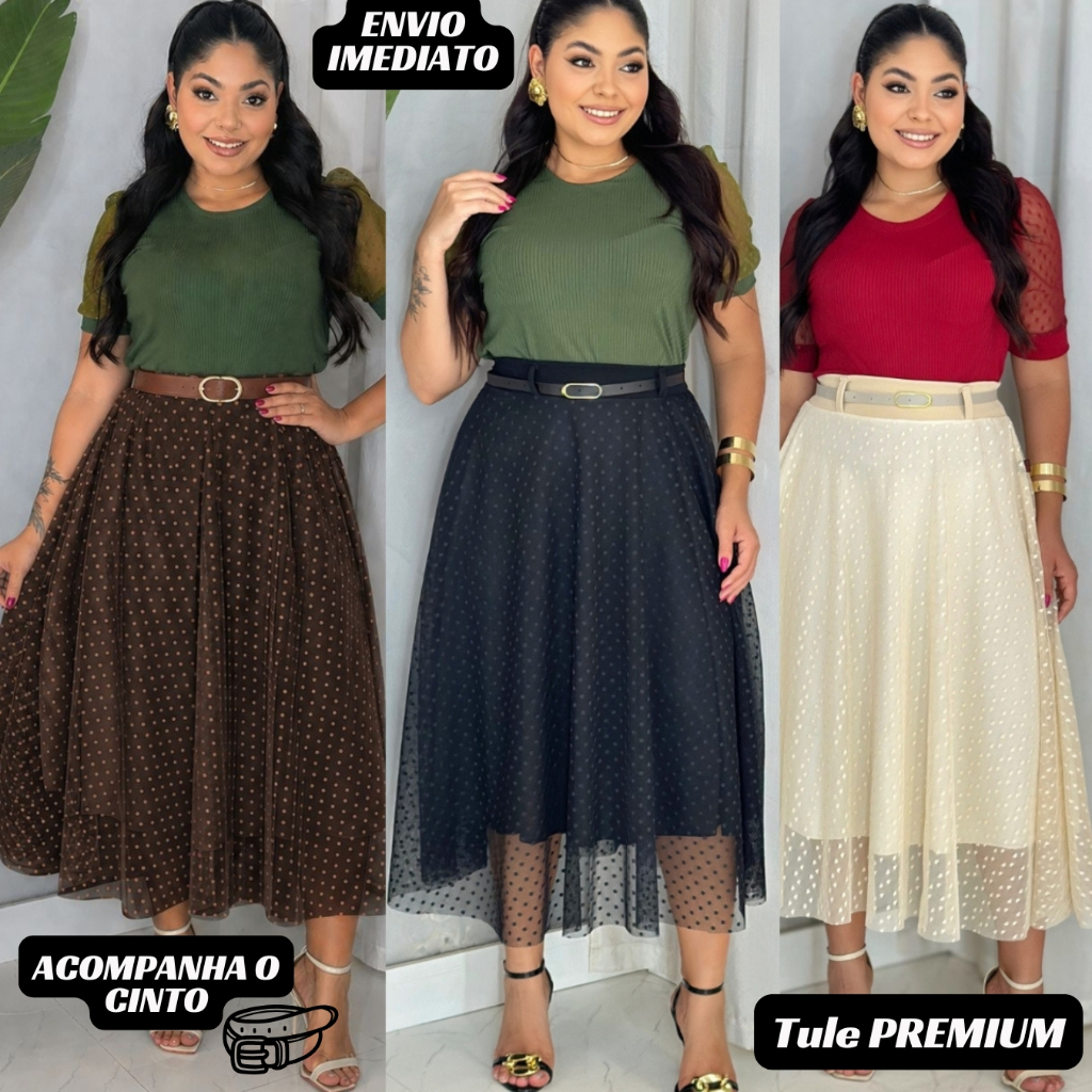 Saia Tule Midi Feminina Longa Longuete Moda Evangelica Casual Forrada Cintura Alta Com Cinto