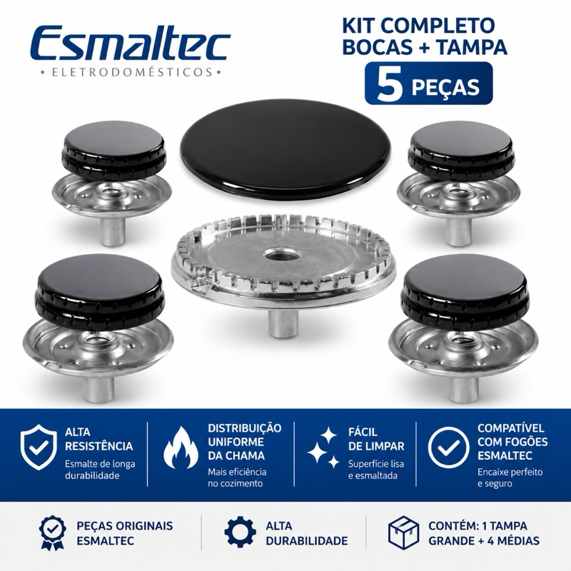 Kit Completo Bocas + Tampa Fogão Esmaltec 5 Bocas Peças Originais Esmaltadas