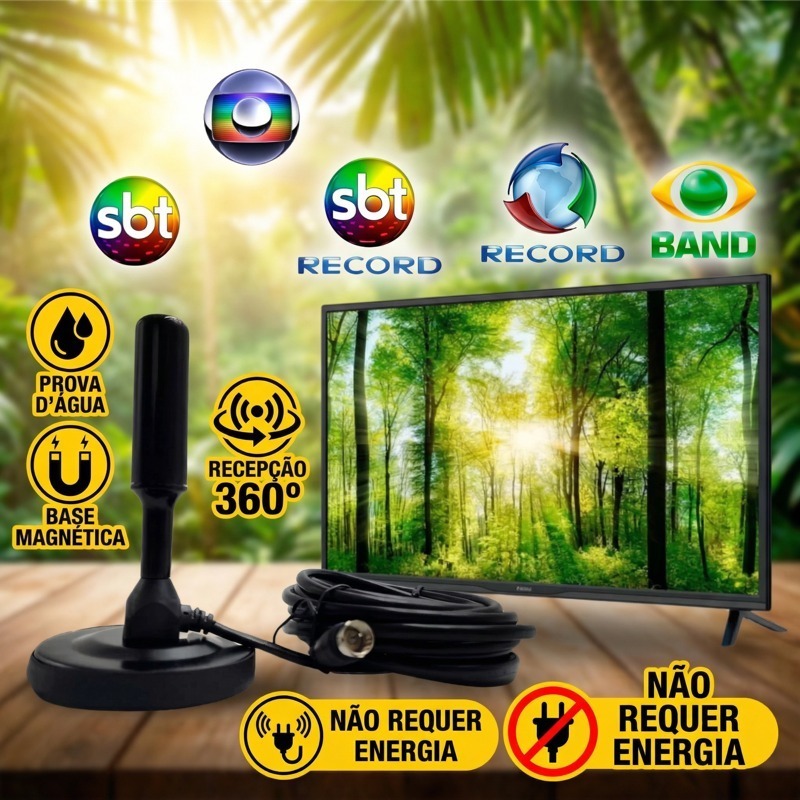 Antena Digital Amplificada Interna e Externa 5 Metros Base Imã Prova d'água 4DBI 4K HDTV/UHF/VHF-HY-3003