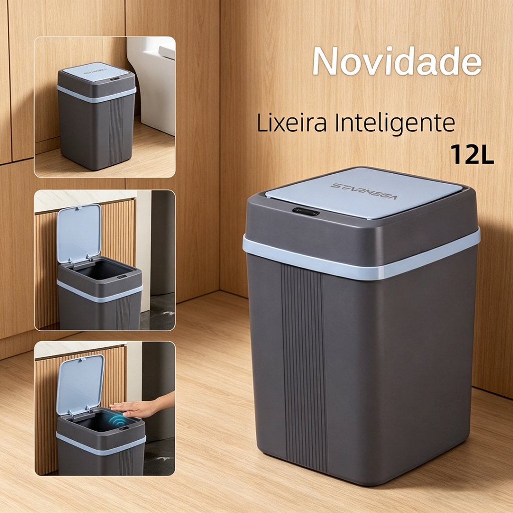 Kit Lixeira Automática 12L com Sensor, Tampa Antibacteriana Sem Odor para Cozinha e Banheiro