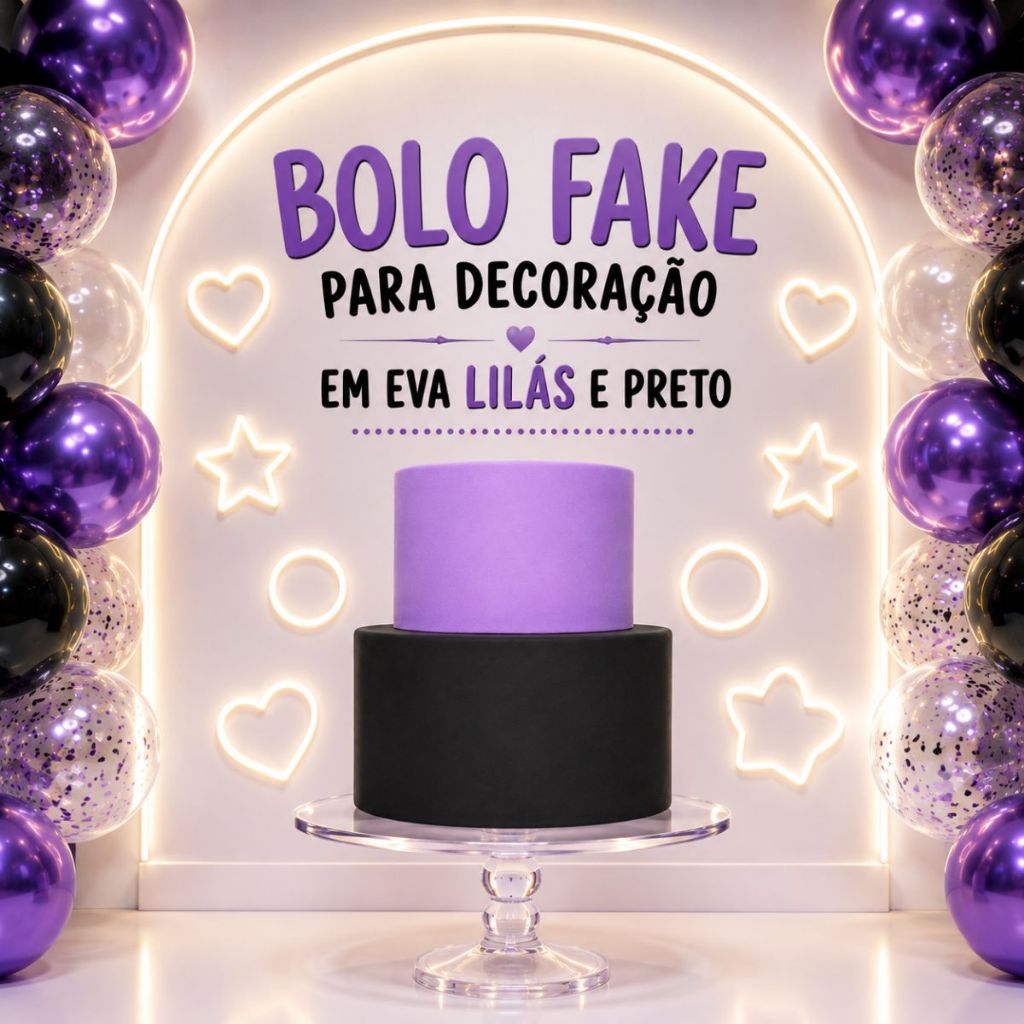 Bolo Fake De Isopor 2 Andar Encapado Com EVA Lilás e Preto Festas Aniversários Temáticos