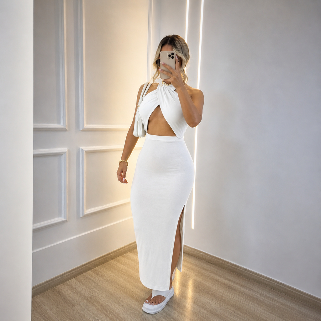 Vestido Longo Peito Cruzado com Fenda nas Laterais Malha Canelada
