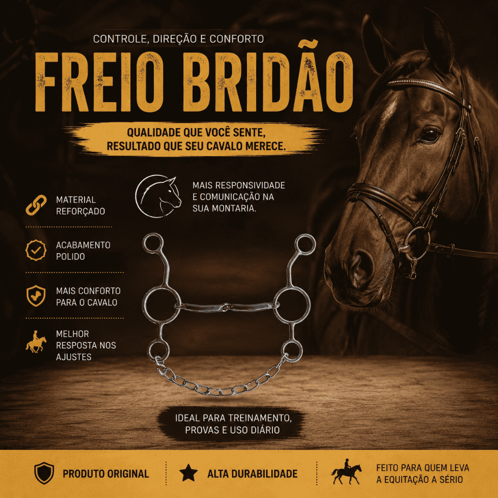 Freio Bridão Levantador 3 Argolas para Cavalo – Bocal de Ferro Articulado, Controle e Estabilidade