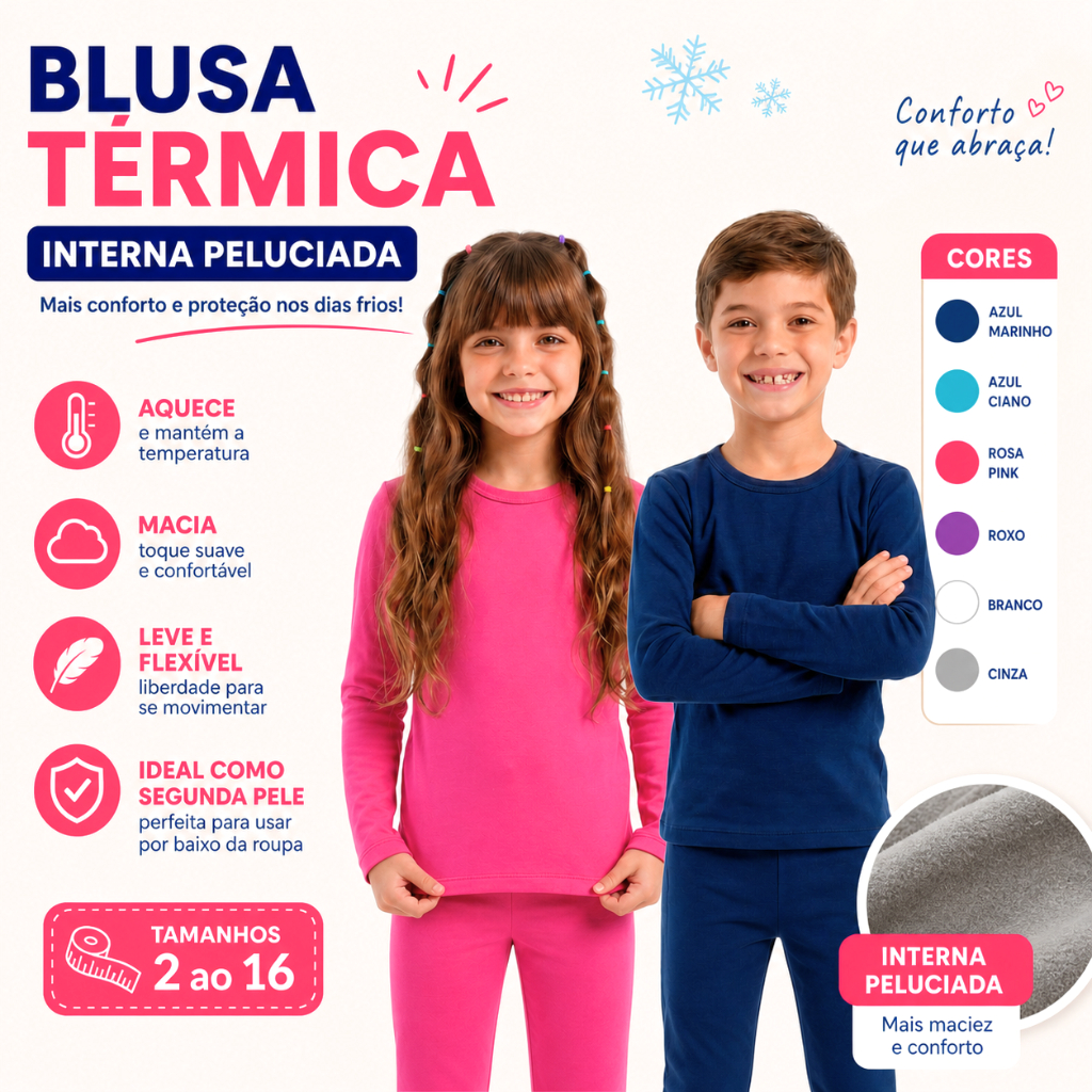 Kit 2 Blusas Térmica Infantil Manga Longa Peluciada Unissex Menino e Menina Roupa de Frio Inverno
