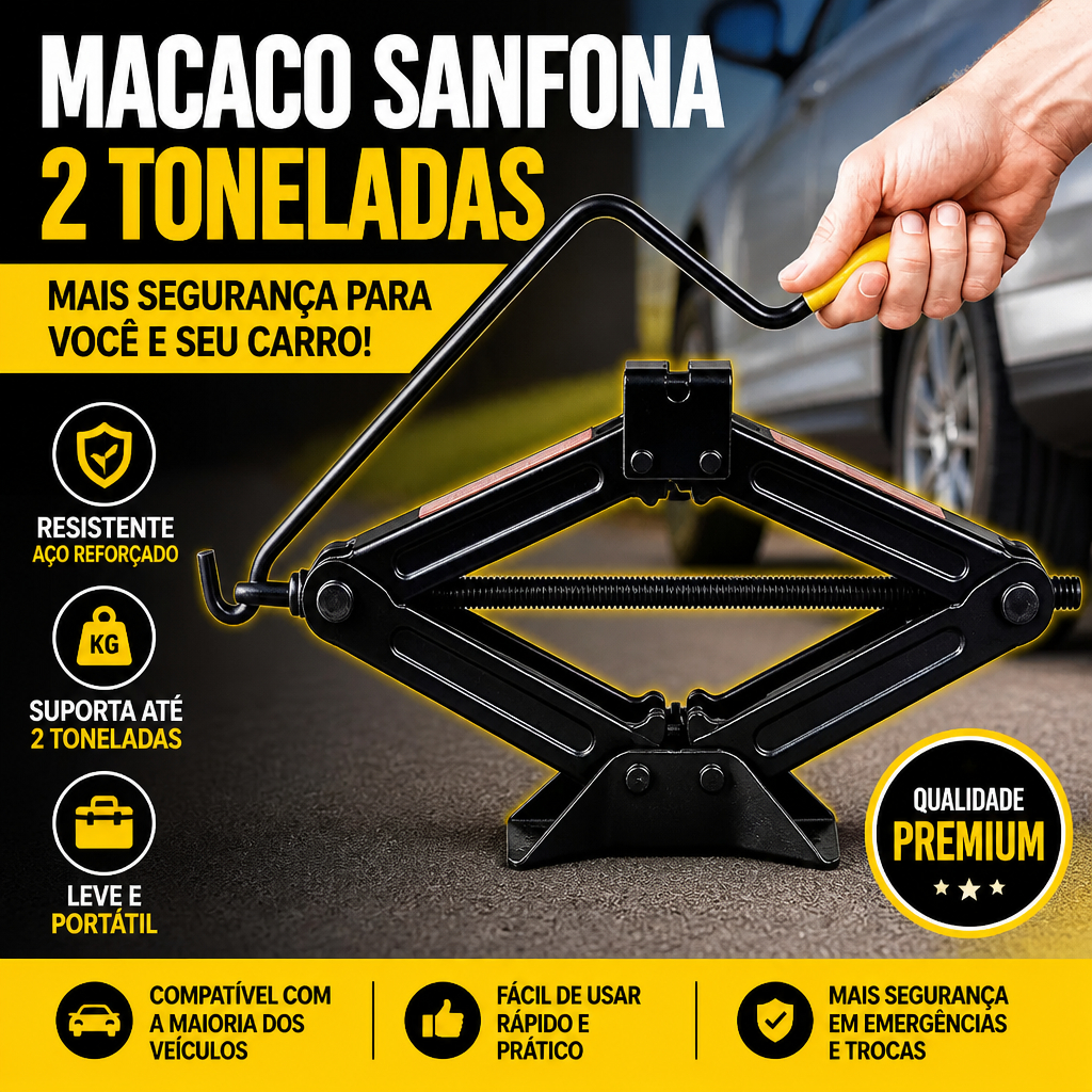 Macaco Sanfona para Carro 1.5/2T Universal com Manivela Reforçado Troca Pneu Emergência Automotivo