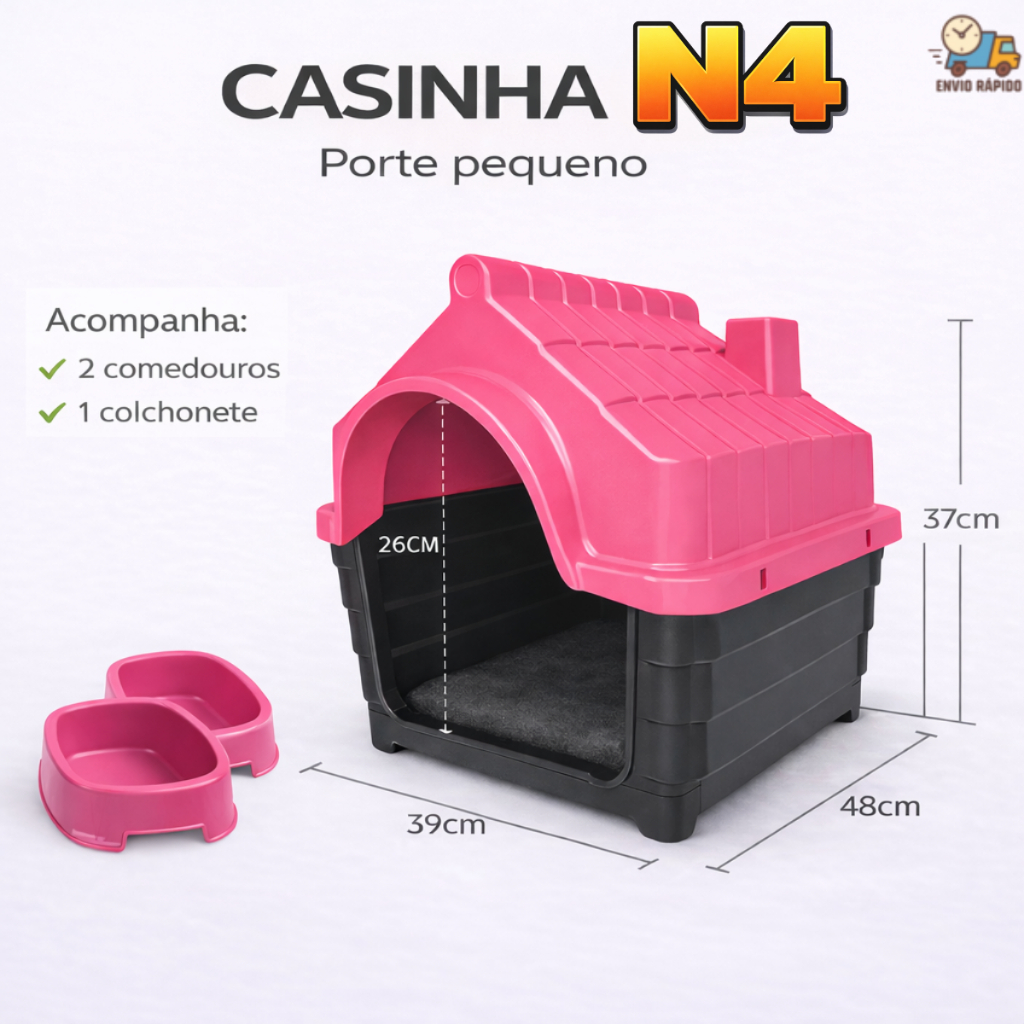 Kit Casa para Cachorro N4 – Casinha Plástica + Colchonete + Comedouros | Pronta Entrega