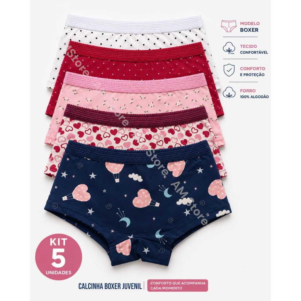 Kit 5 Calcinhas Boxer Juvenil / Infantil Microfibra Estampada Com Forro 100% Algodão