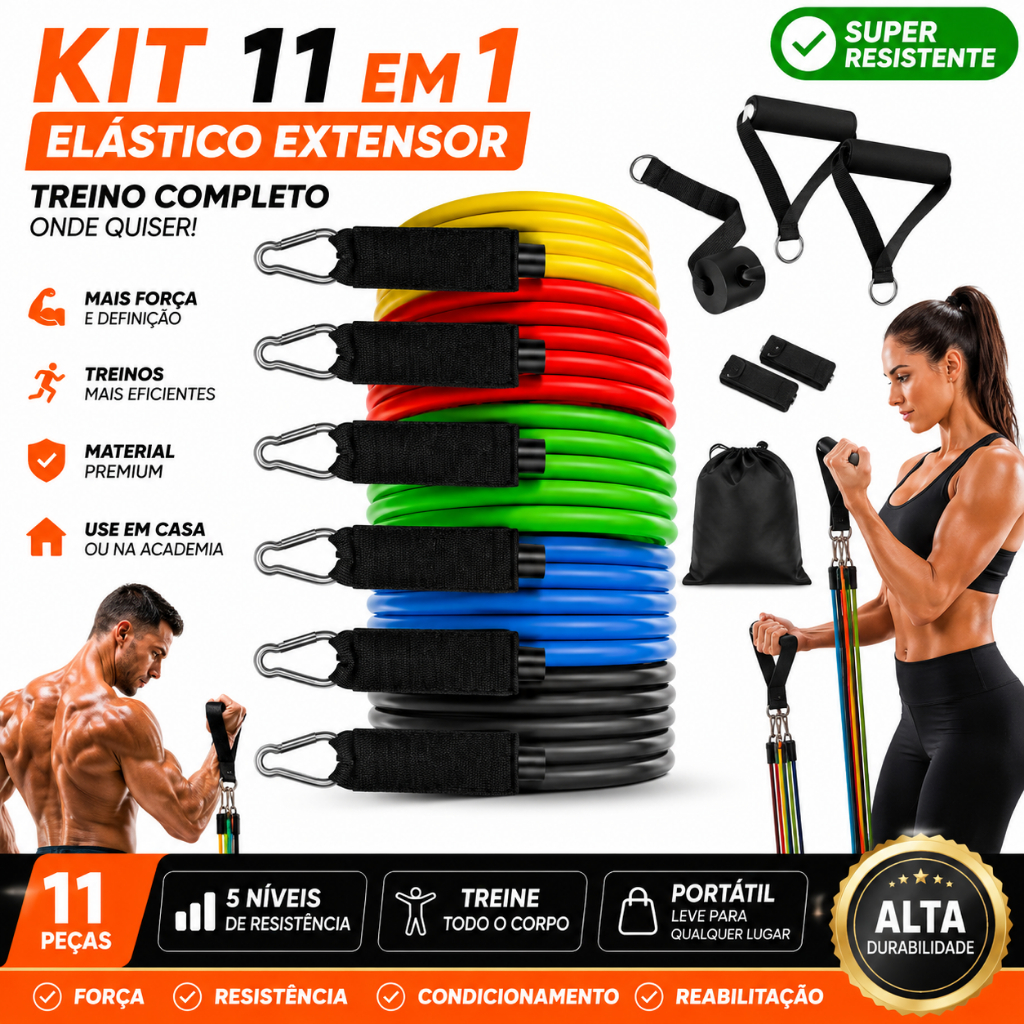 Kit 11 Elástico Extensor Treino Funcional Academia Em Casa e ao Ar Livre Ginastica Fisioterapia