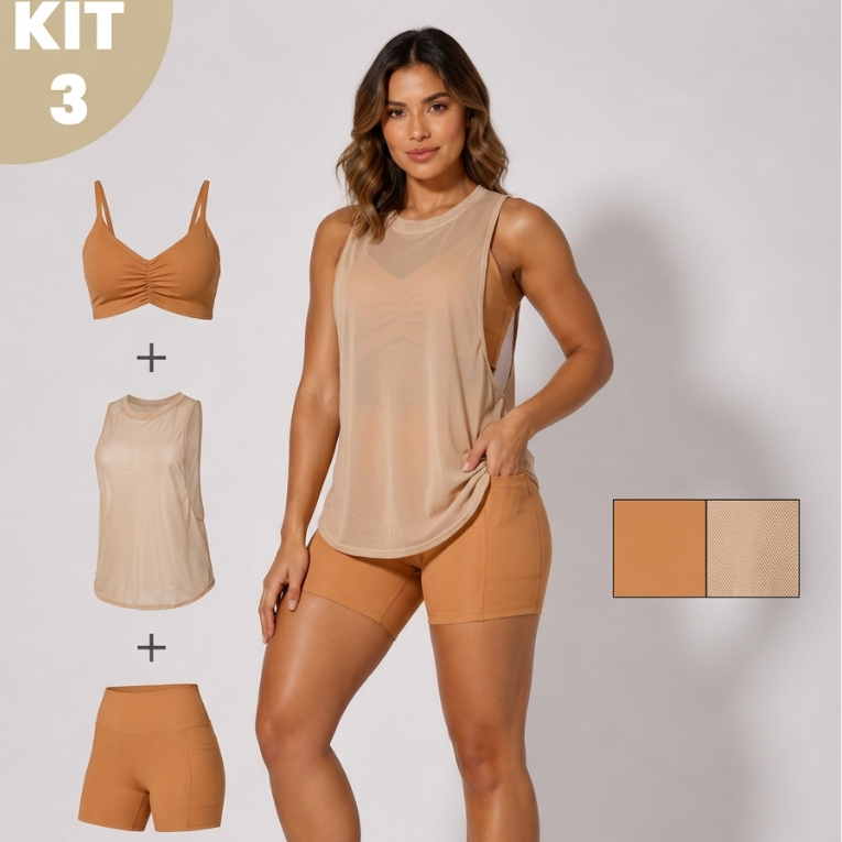 Kit 3 Peças Top+Short+Regata Tule Dry Fit Feminino Alta Compressão Cos Alto Academia