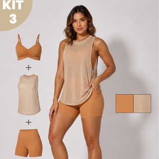 Kit 3 Peças Top+Short+Regata Tule Dry Fit Feminino Alta Compressão Cos Alto Academia