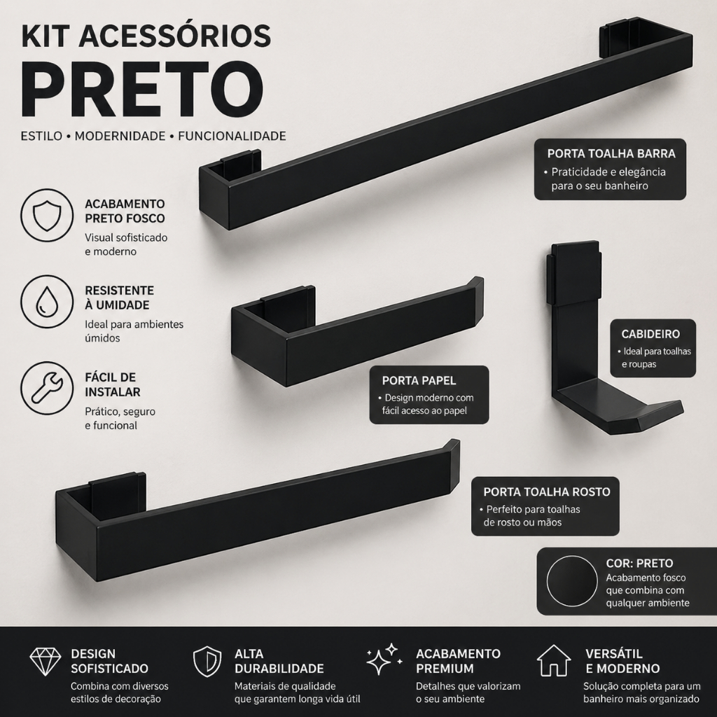 Kit Acessórios Para Banheiro 4 peças Toalheiro Suportes Preto Resistente Alumínio
