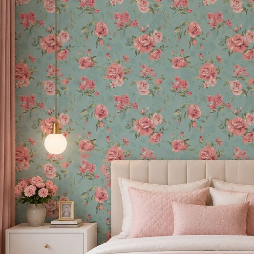 Papel de Parede Adesivo Floral Rosas Rosa Fundo Verde-água Vinil Adesivo Lavável Premium Delicado