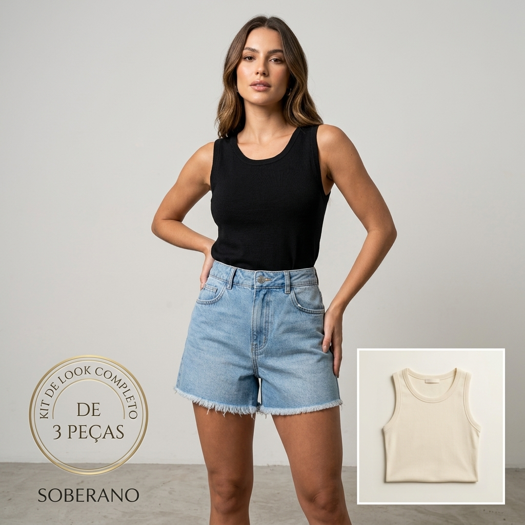 Kit Look Verão 3 Peças: Short Jeans Cintura Alta + 2 Regatas Ribana Premium,Soberano Stores
