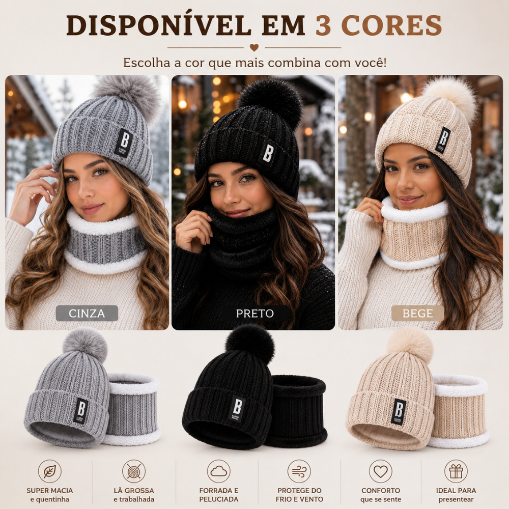 KIt touca + Gola de La Forrada e Peluciada Feminina Cachecol Inverno Neve Frio