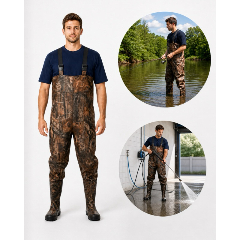Macacão Jardineira Impermeável Com Bota PVC Siliconado Camuflado Rider Deyu Caça e Pesca