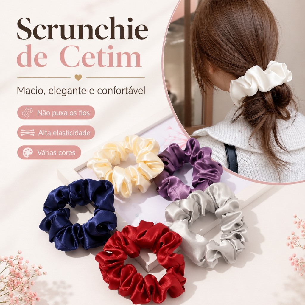 Kit 3/ 6 Scrunchies de Cetim Xuxinhas Para Cabelo Feminino Elástico Macio Não Quebra Fios