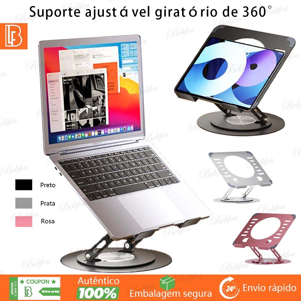 Suporte de Metal Ajustável Para Notebook 10 a 17" Dobrável 360° Giratório Reforçado Portátil Base Estável