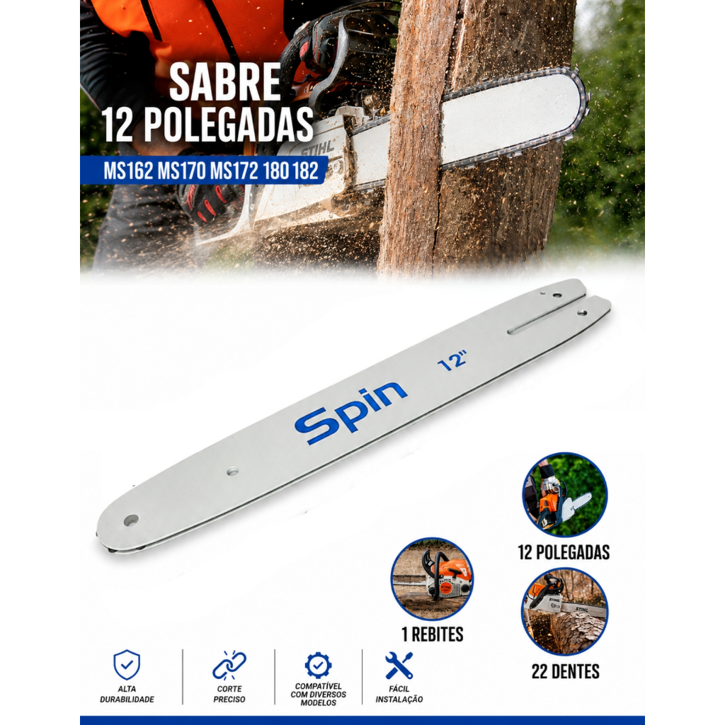 Sabre Saibro Barra Facão 30cm 22 Dentes Compatível  Para Motosserra Stihl Ms162 Ms170 Ms172