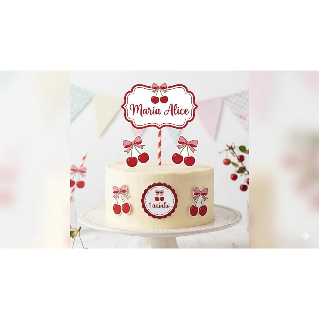 Topo de Bolo Personalizado Cerejinha – Nome e Idade – Kit Topper de Papel Luxo para Mesversário e Aniversário