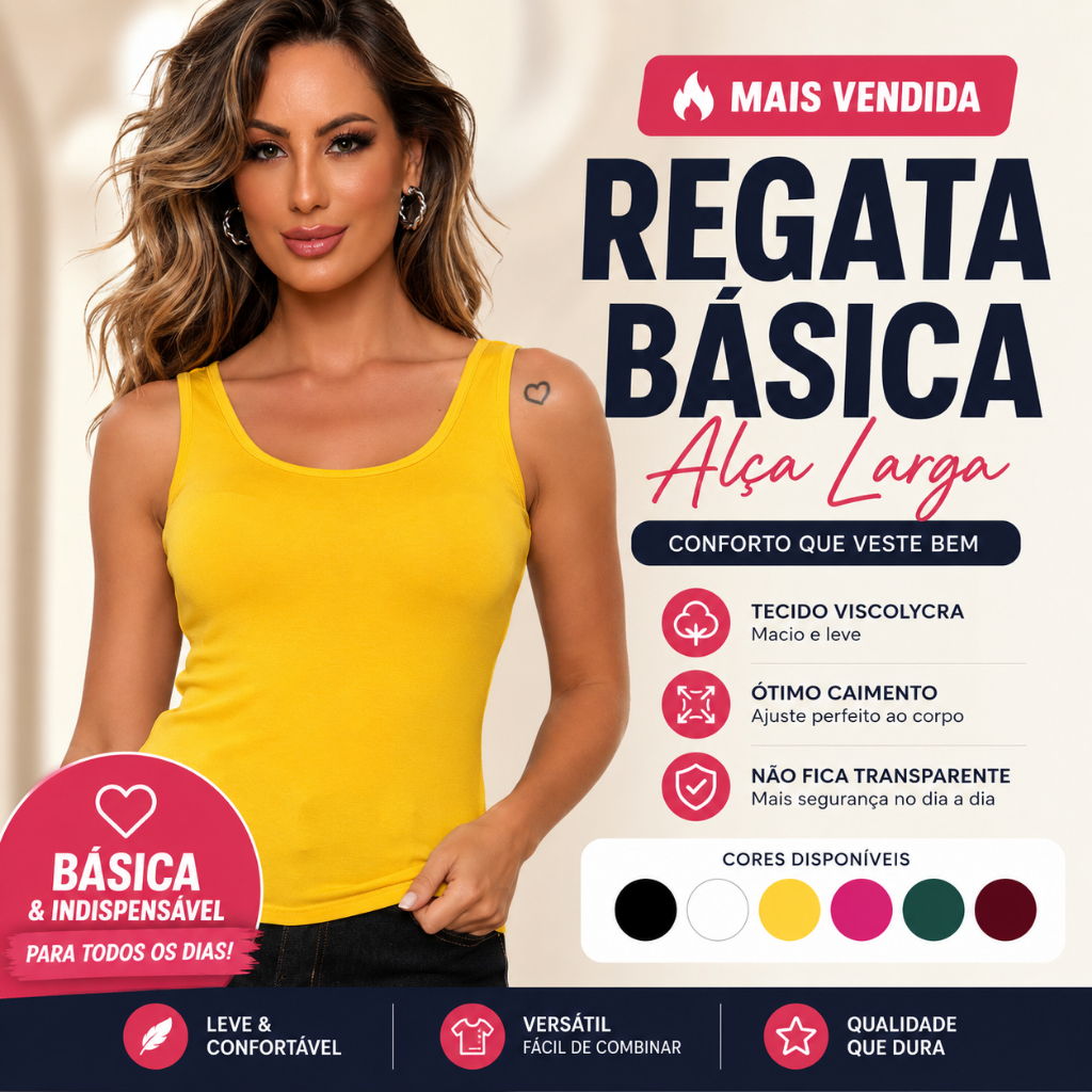 Regata alcinha larga feminina blusinha alça grossa basica lisa viscolycra