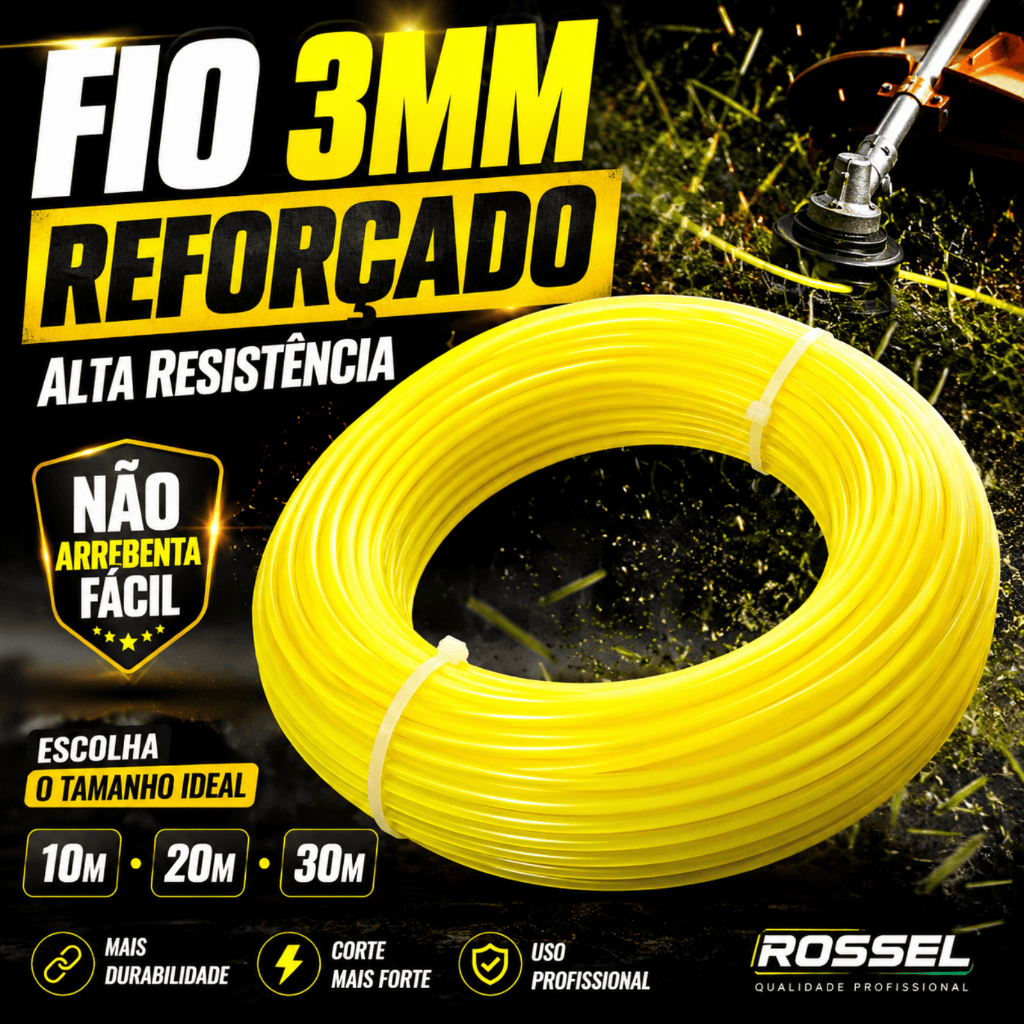 Fio Nylon 3mm Redondo Roçadeira 10m 20m 30m Alta Resistência Corte Forte Profissional Universal ROSSEL