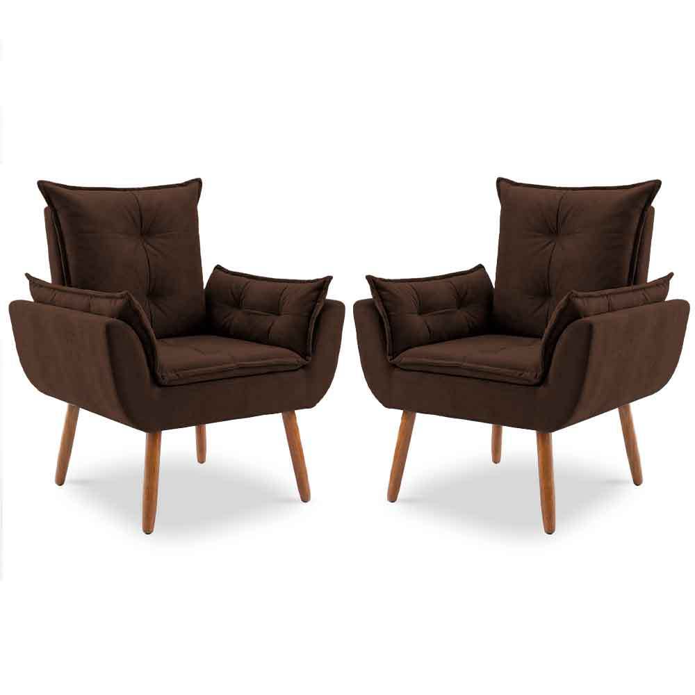 Kit 02 Poltrona Decorativa Opalla Pés Palito Premium Suede Marrom Brown Para Área de Espera