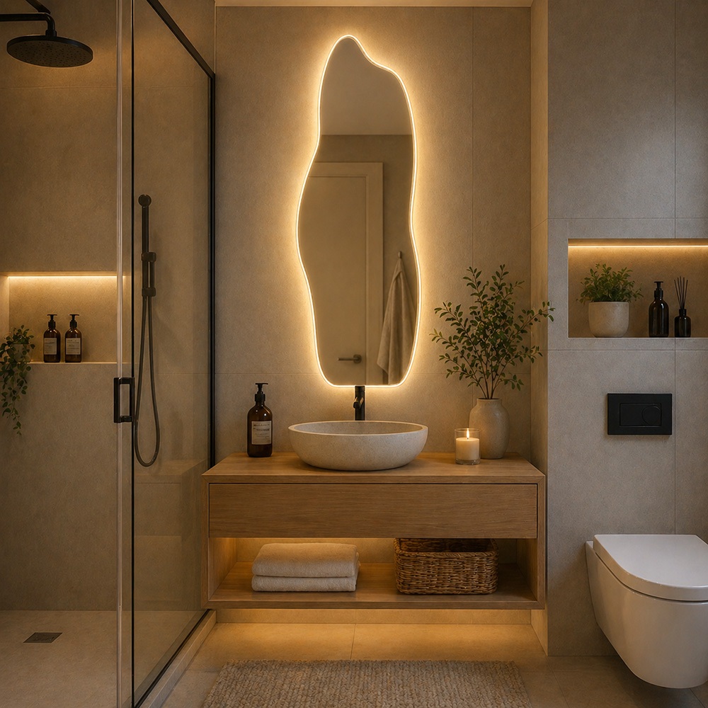 Espelho Orgânico Fogo Corpo Inteiro Lapidado com LED Amarelo 110x50cm Decorativo Sala Quarto