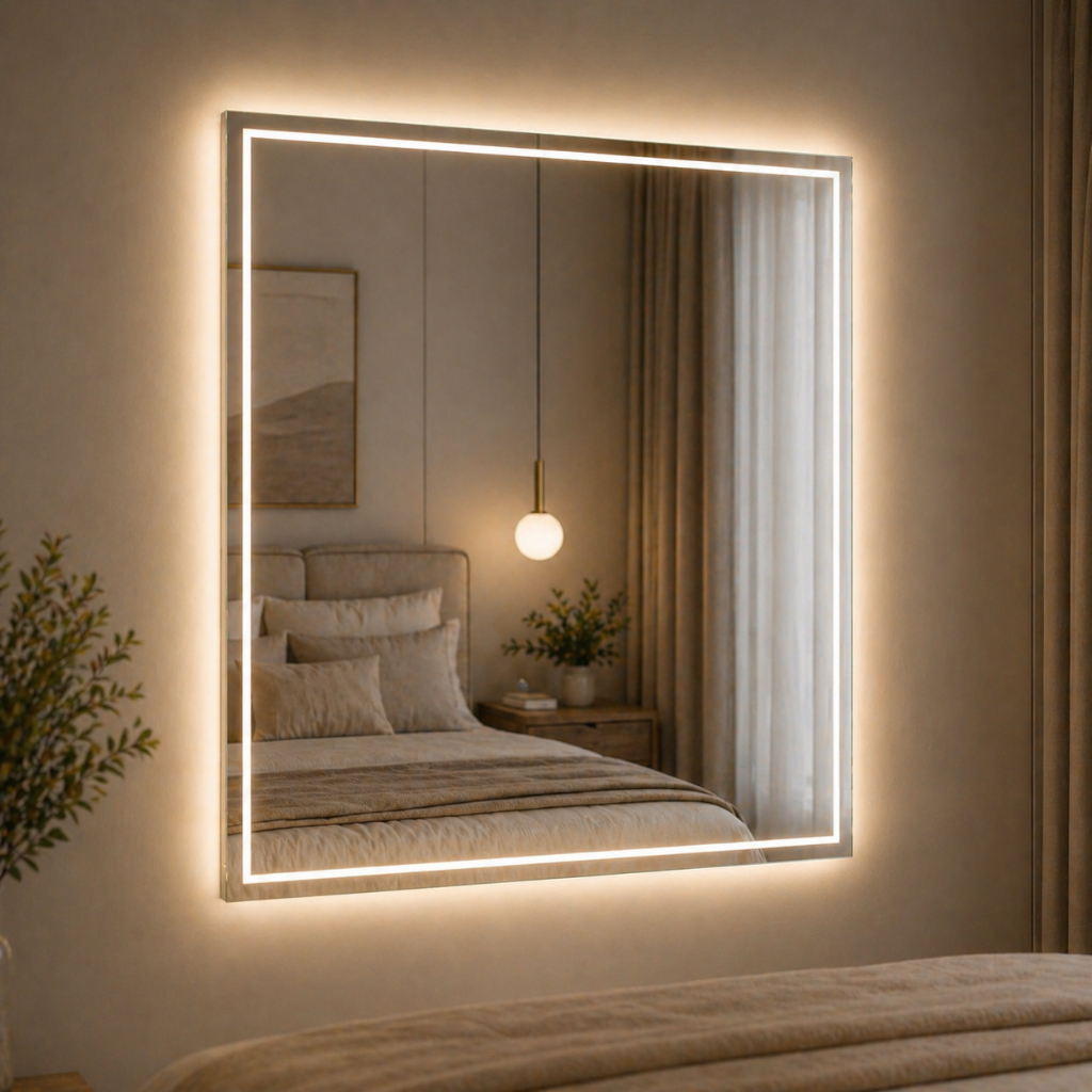 Espelho Retangular 60x40 Jateado com Led 3 Cores Botão e Touch Fino Decorativo para Banheiro Moderno · foto 2