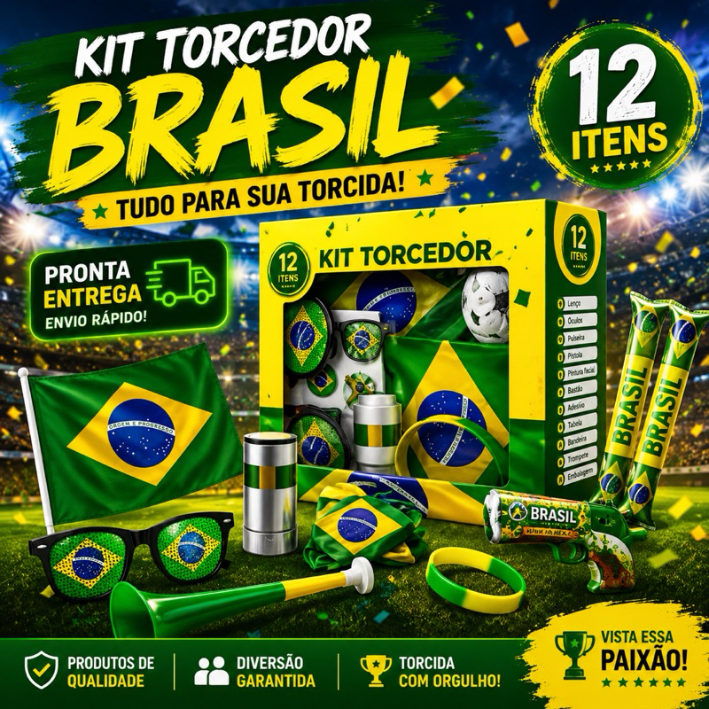Kit Torcedor Brasil Copa 2026 12 Itens Completo Festa Jogo Bandeira Trompete Torcida Copa do Mundo Brasileiro