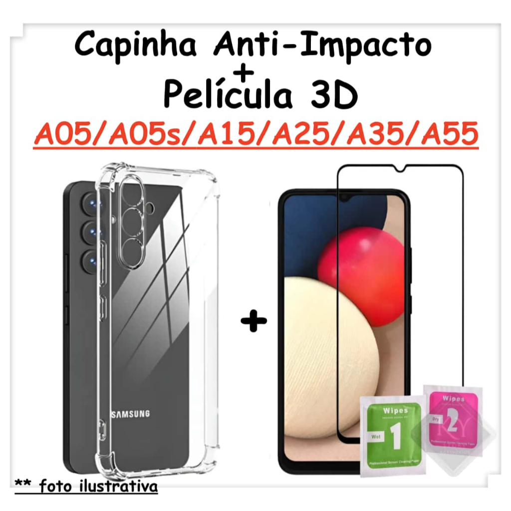 Capa Capinha Anti Impacto + Película 3D Para Samsung A05/A05s/A15/A25/A35/A55 Vários Modelos