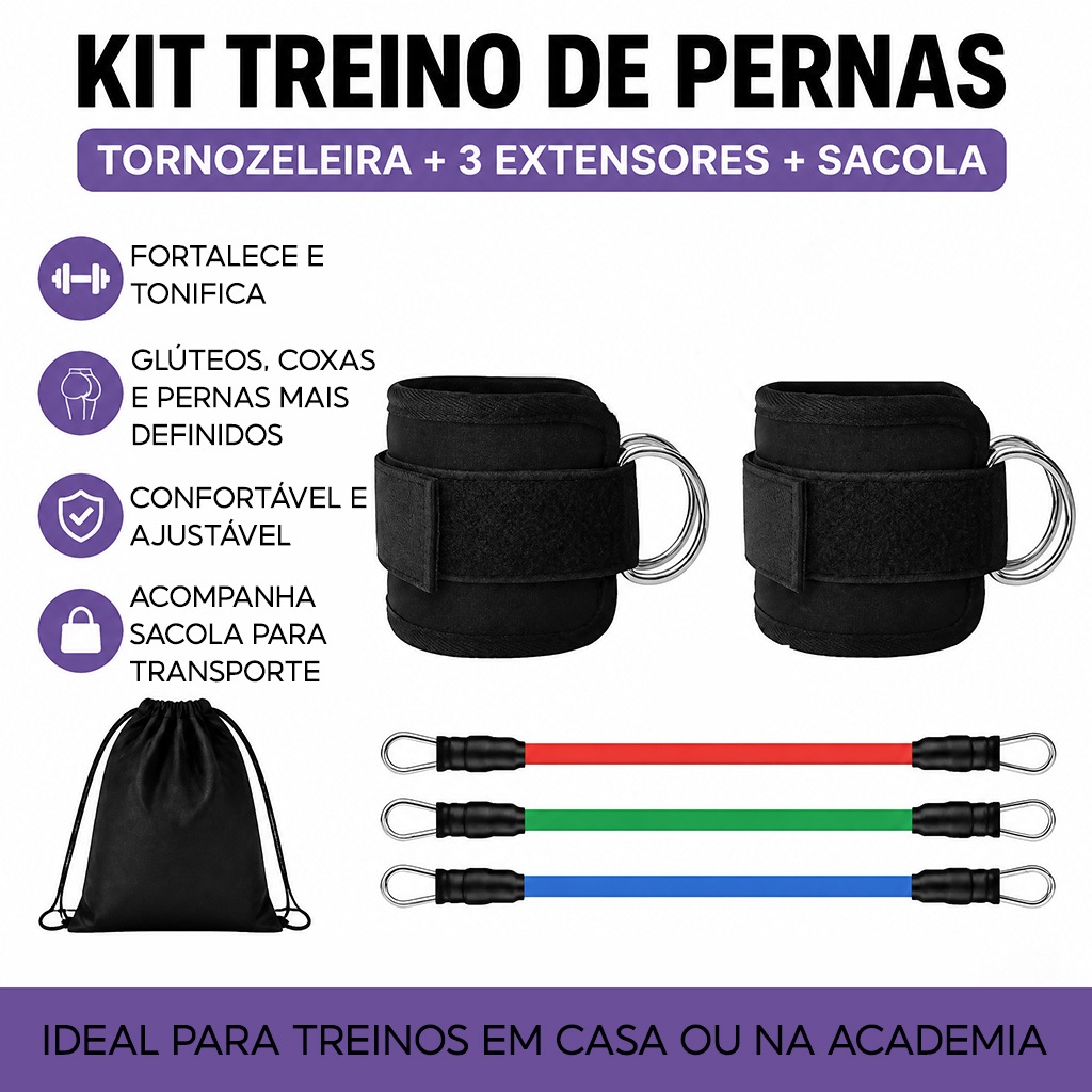 Imagem Kit Completo Tornozeleira com Elástico de Resistência para Treino de Glúteos e Pernas Casa Academia