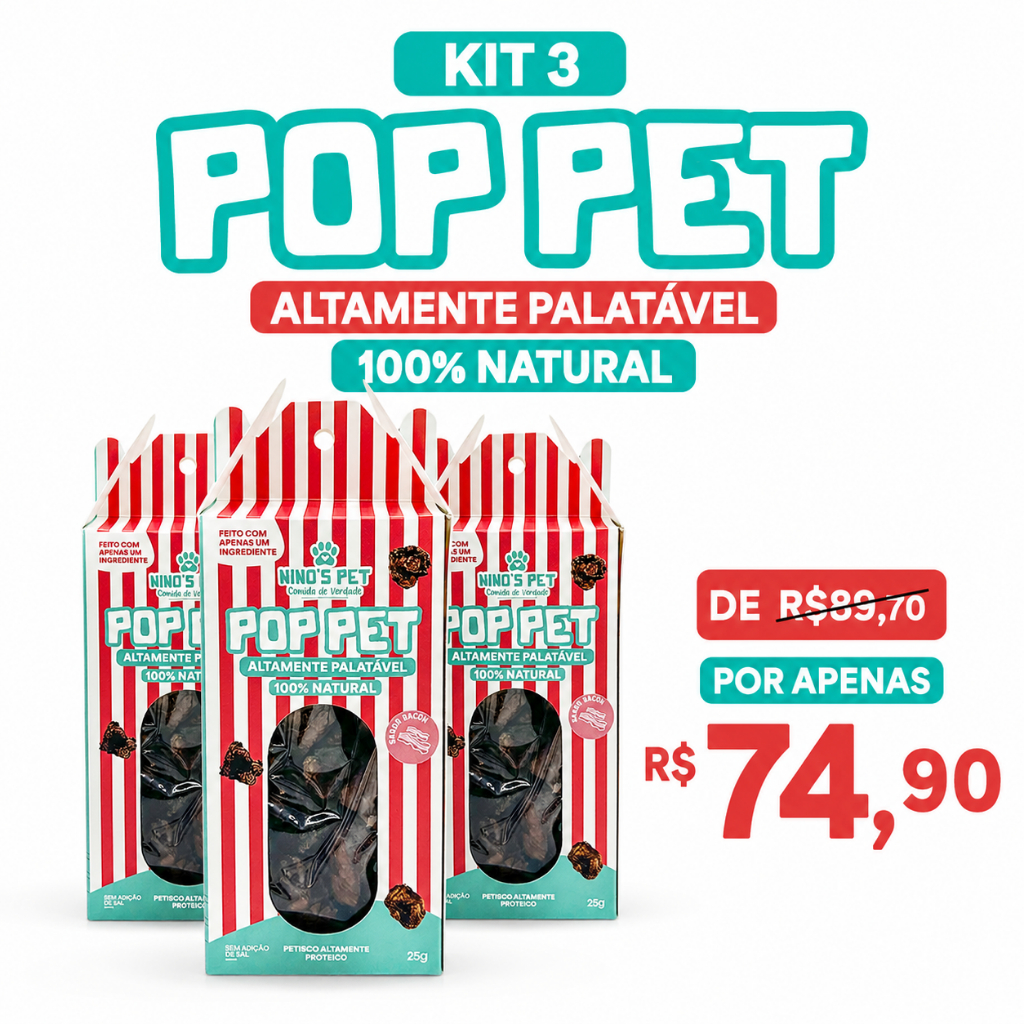Kit 3 Pop Pet Nino’s Pet Petisco Natural para Cães Pulmão Suíno Desidratado 25g