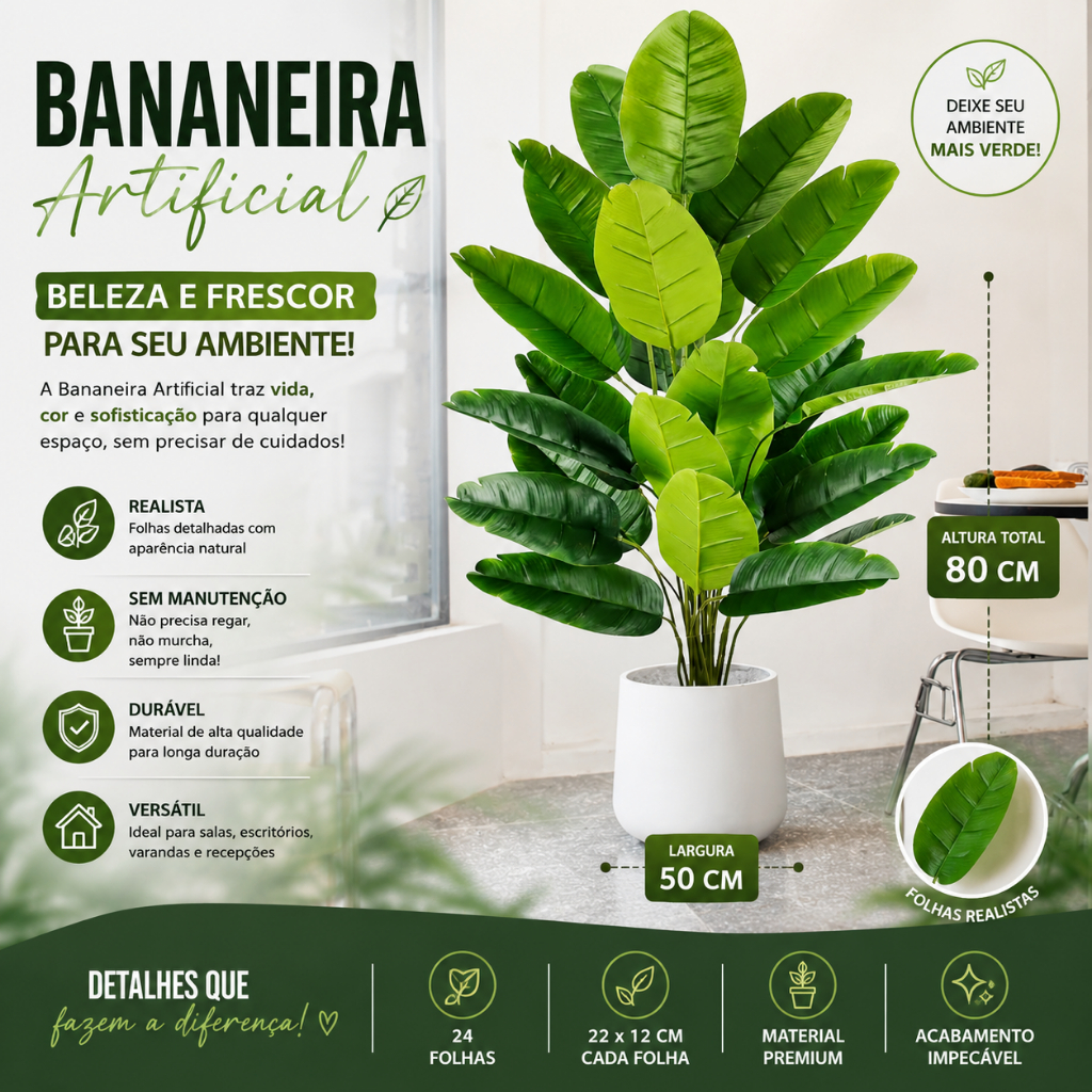 Planta Bananeira Artificial 24 Folhas Decoração Realista para Casa Escritório Loja Arbusto