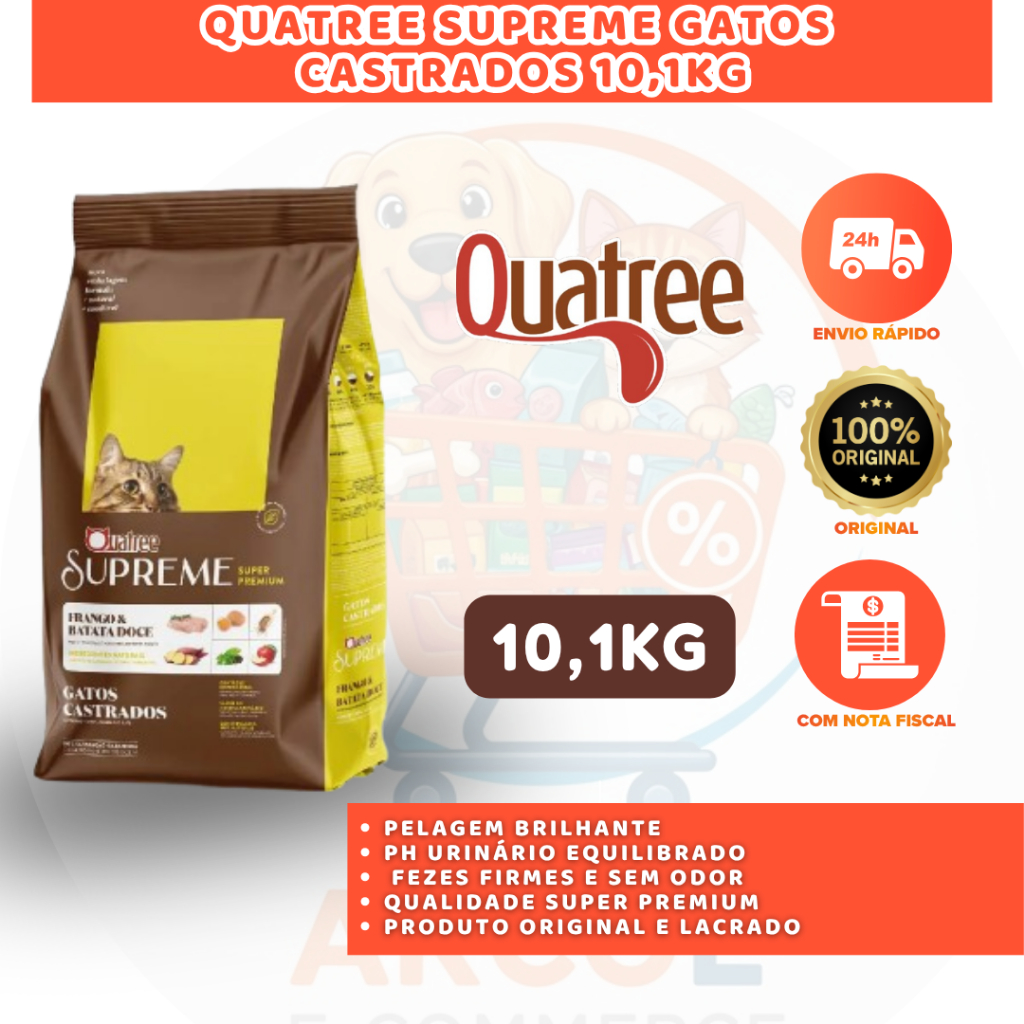 QUATREE SUPREME GATOS CASTRADOS FRANGO E BATATA DOCE 10,1KG NUTRIÇÃO COMPLETA