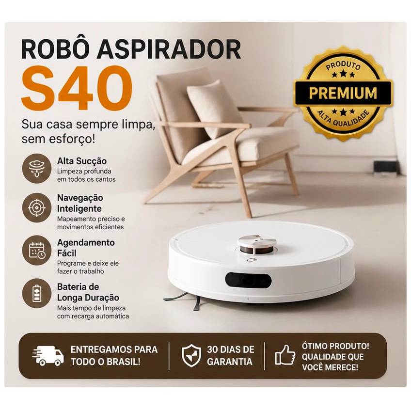 Aspirador Robô S40 Xiaomi,LDS 10000PA Branco,Bivolt 3em1 Varre,Aspira e Passa pano