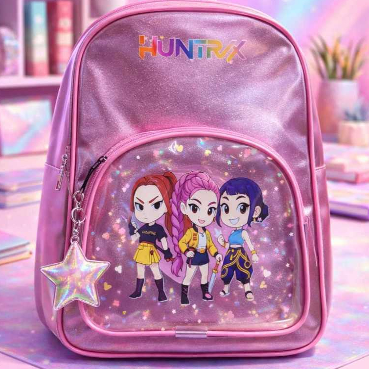 Mochila Guerreiras do K-pop Huntrix Infantil Femenina com Visor Tranparente com Glitter