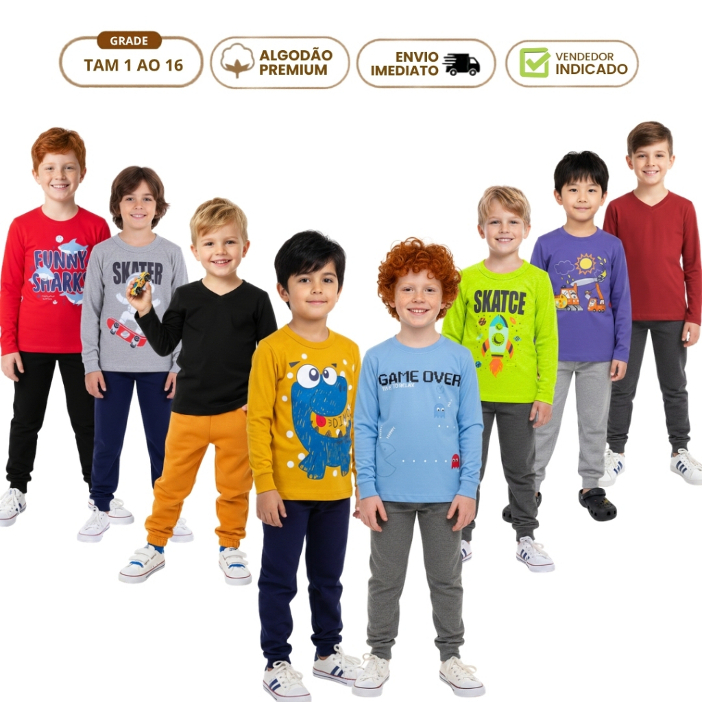 Kit 4 Peças Conjunto Infantil Masculino Inverno 2 Camiseta Manga Longa Menino 2 Calça de Moletom com Punho Lisa 1 ao 16