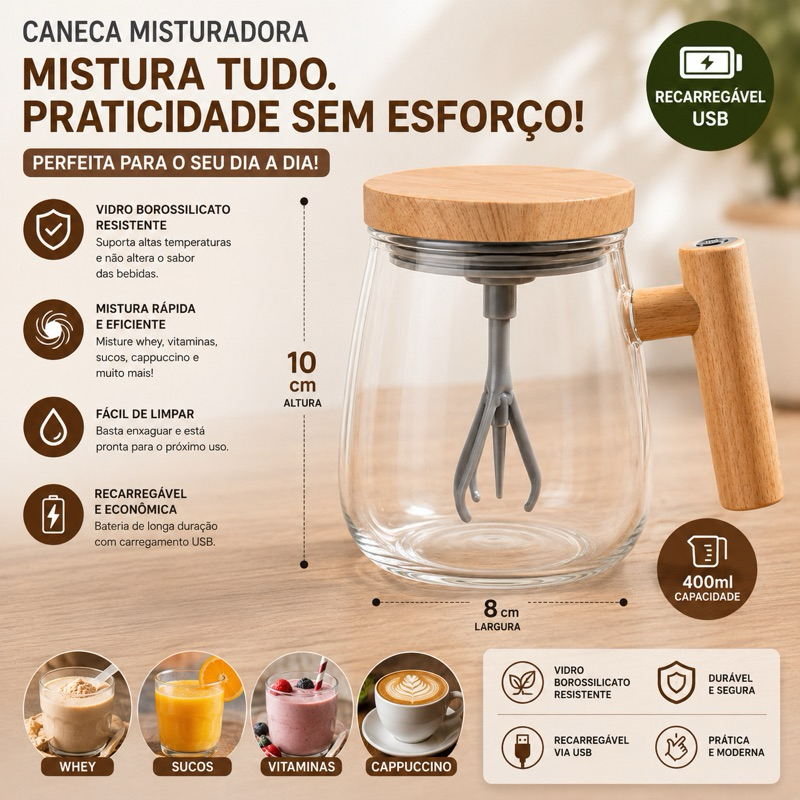 Caneca Elétrica Vidro Mixer Caneca Misturador Shake Way USB RECARREGÁVEL