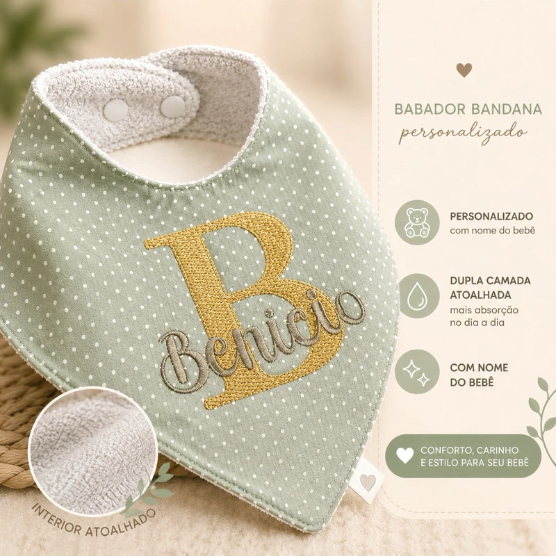 Babador Bandana Personalizado com Nome Bebê Atoalhado Ajustável