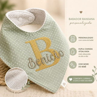 Babador Bandana Personalizado com Nome Bebê Atoalhado Ajustável
