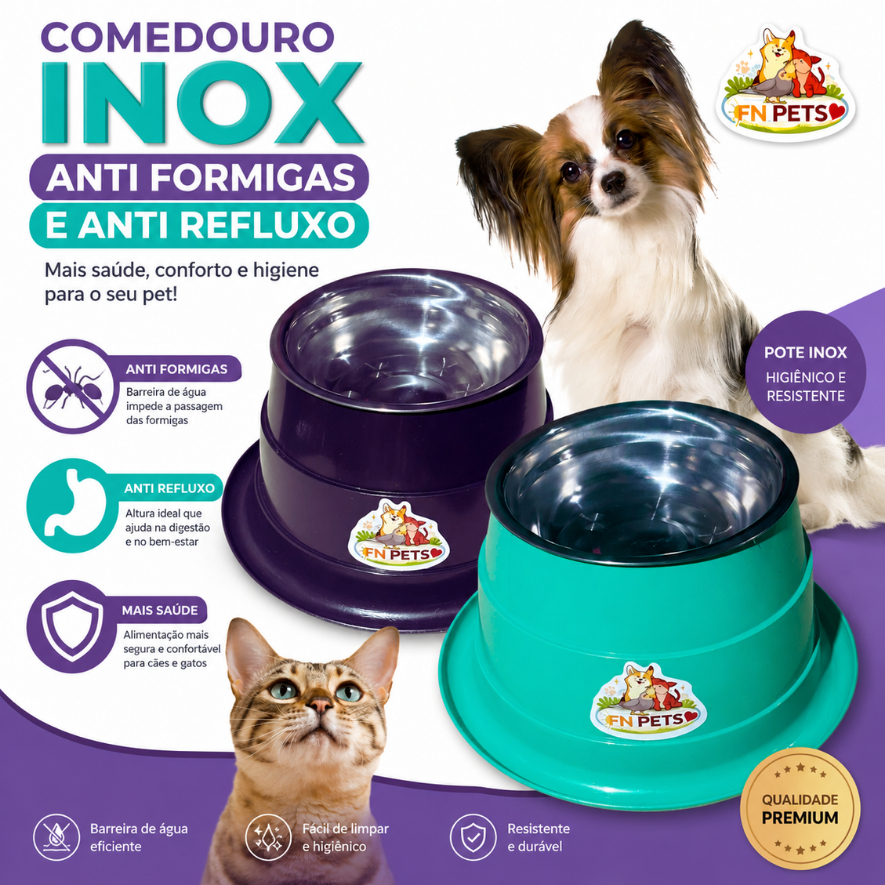 Comedouro inox Elevado Pet Anti-Refluxo e Anti-Formiga Cães e Gatos,Shih Tzu,York,Lulu,Persa,Ragdoll