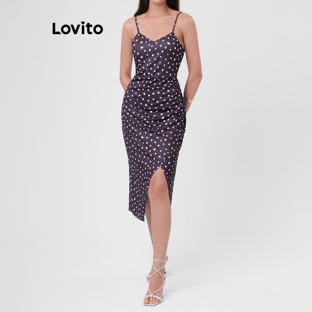 Lovito Vestido Midi de Bolinhas com Fenda DRB1BRL004