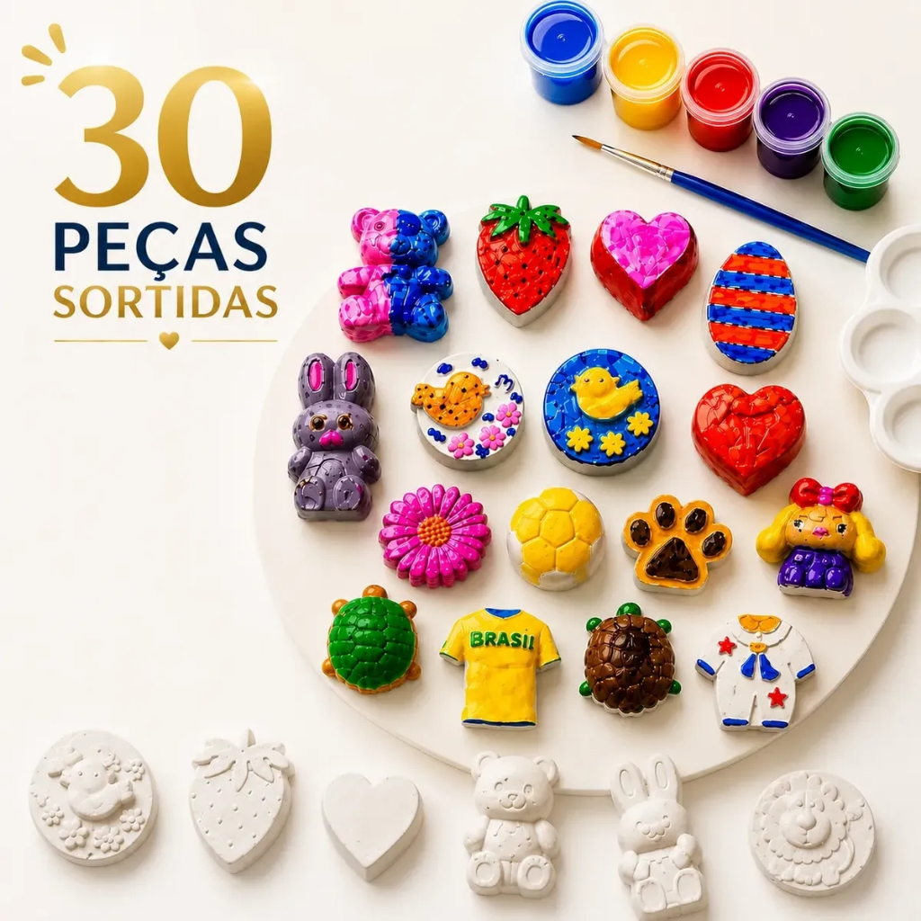 Kit Pintura Festas Infantil 30 Pç Gesso Cru + 12 Tintas Guache + 1 Pincel + 1 Godê Pais e Filhos