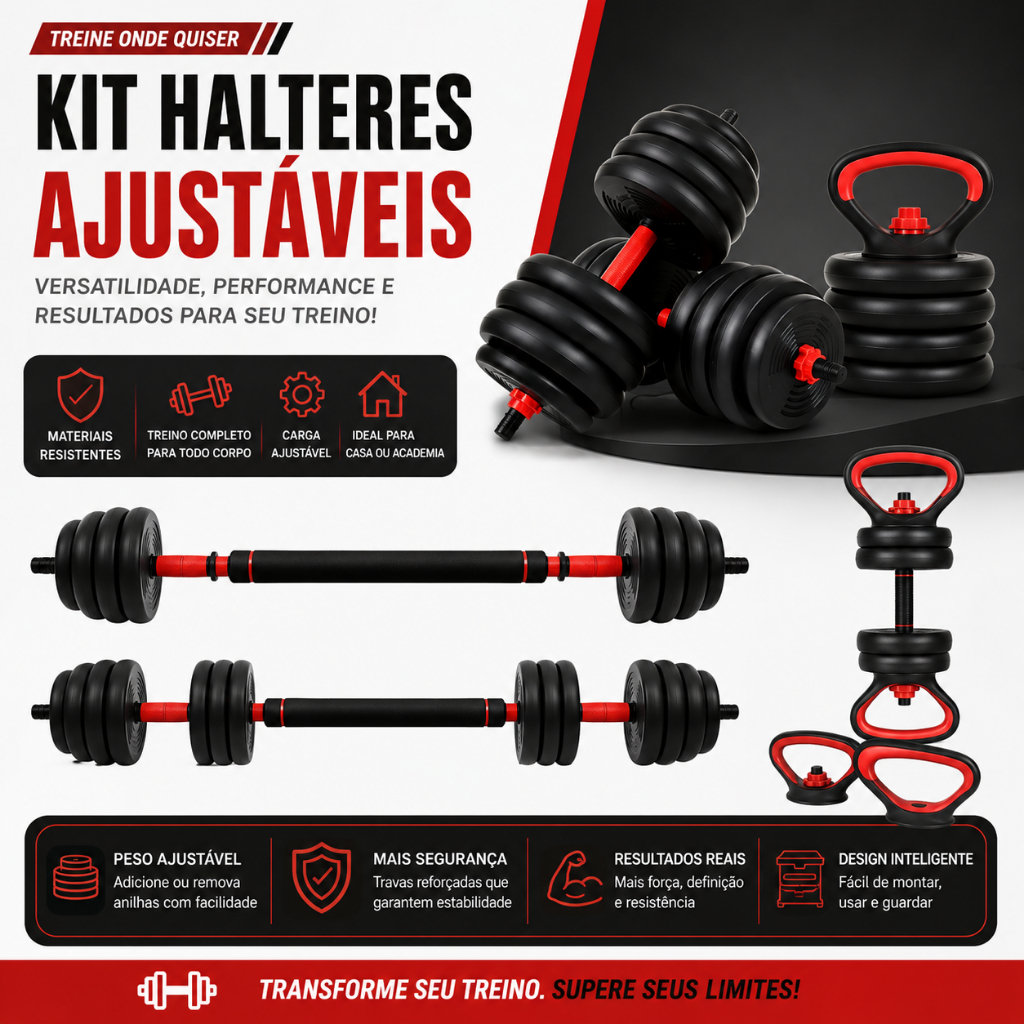 20kg Halteres Barra Kettlebell 6 em 1 Peso Musculação treino em casa Equipamento Fitness