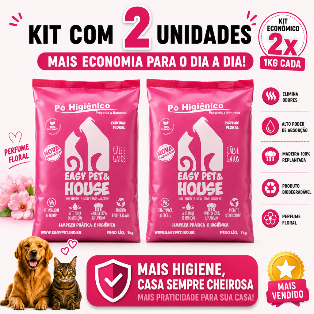 Pó Higiênico Pet Cães e Gatos Floral 2 Unidades Elimina Odores Sexa Xixi Easy Pet e House