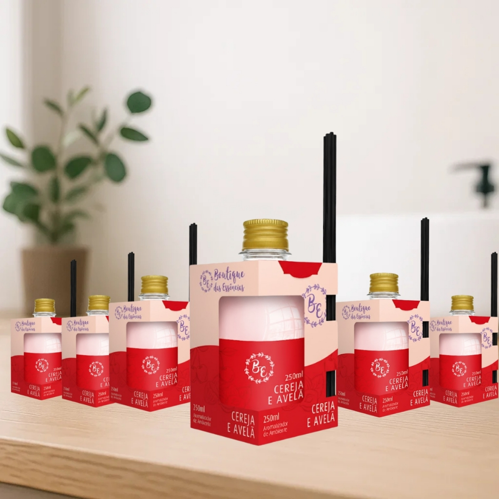 Kit 9 Aromatizador Ambiente 250ml Varetas BE Cereja e Avelã Difusor Ambiente